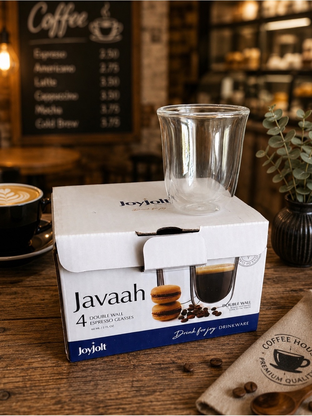 JoyJolt Javaah Double Wall Espresso Glasses 2 Oz Set of 4 NWT